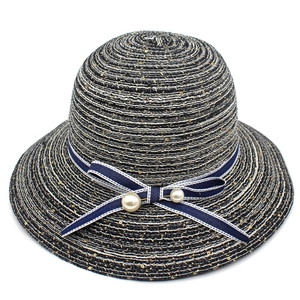 Women's wide brim sun hat with sequins, navy striped ribbon and pearls on a straw base