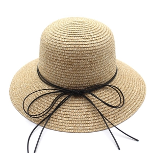 Women straw sun hat with leather cord bow and wide brim for summer beach sun protection