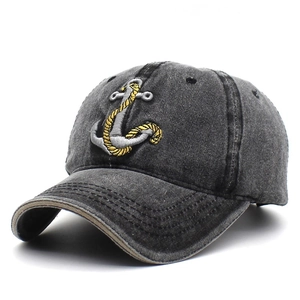 Vintage dark gray washed denim baseball cap with embroidered anchor and rope design