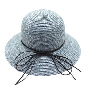 Blue and white woven straw sun hat for women featuring a black leather cord bow decoration