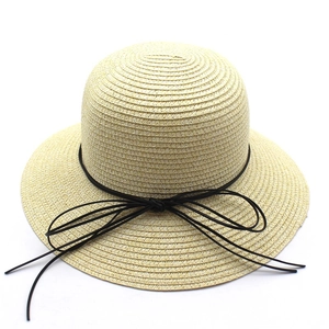 Beige wide brim straw sun hat with black rope bow accent for women summer beach wear