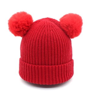 Kids Winter Warm Wool Blend Knitted Hat Cute Double Artificial Fur Pom Pom Beanie Hat For Boys Girls Toddler Children