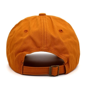 Back view of caramel cotton baseball cap with adjustable metal buckle and embroidery