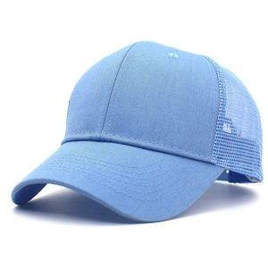 Detail view of light blue mesh trucker hat showing breathable fabric and side profile
