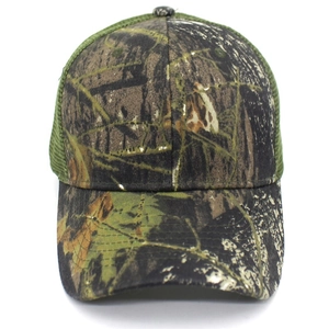 Close-up of jungle camouflage pattern and breathable mesh on the back of the trucker cap