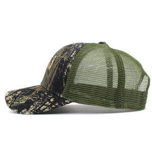 Classic camo trucker hat with forest pattern and breathable army green mesh back