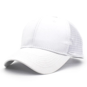 Close-up of white mesh trucker hat showing breathable back panels and curved brim details