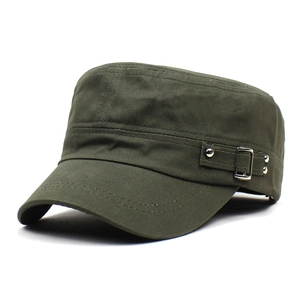 Classic olive green cotton cadet hat with metallic buckle detail and curved sun visor