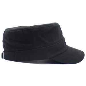 Detailed side view of black cotton cadet cap with adjustable silver metal buckle