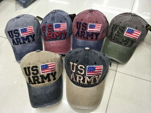 Detailed collection of washed denim baseball caps with US ARMY embroidery and flag detail