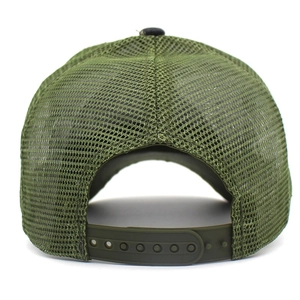 Army green mesh camouflage trucker hat with adjustable snapback closure on white background