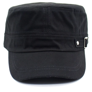 Detail of black cotton military flat top cap with side buckle and silver metal rivets