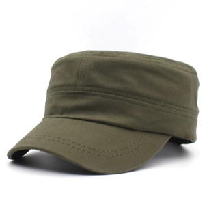Detailed close-up of army green flat top military cap with reinforced stitching details
