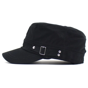 Detail view of black cotton cadet cap with side silver buckle and rivet decorations
