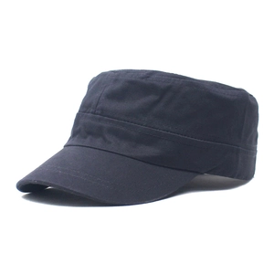 Detail view of durable black cotton military cap featuring reinforced stitching details