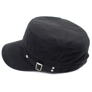 Detail view of cotton cadet cap with side metal buckle and silver rivets on black canvas