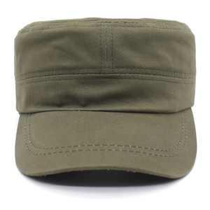 Close-up of military green cotton patrol cap featuring reinforced stitching on the brim