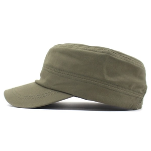 Detailed side view of military-style green cotton cadet cap with fine stitching