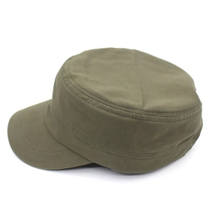 Detailed side view of an olive green cotton cadet cap with reinforced brim stitching