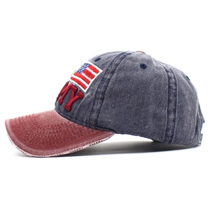 Vintage US Army baseball cap with NY embroidery and US flag patch on washed denim fabric