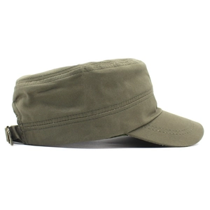 Detail of military cadet hat in olive green cotton with adjustable metal buckle strap