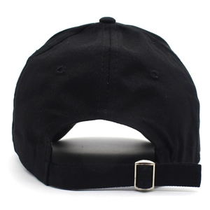 Rear view of a black cotton baseball cap with an adjustable silver metal buckle strap