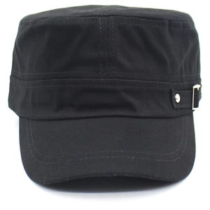 Classic black cotton military cadet cap with metal buckles and flat top sun protection