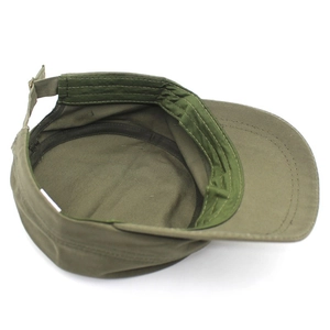 Army green cotton flat top cadet hat with adjustable metal buckle and inner sweatband