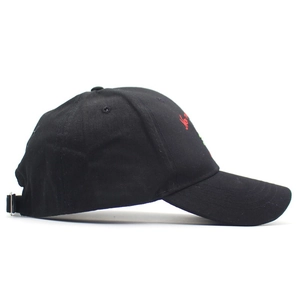 Close-up of black cotton baseball cap with red and green embroidery and air vents