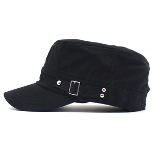 Classic black cotton military flat top hat with metal buckle and rivet details for sun protection