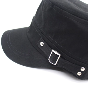 Versatile black cotton flat top military patrol cap with adjustable silver metal buckle