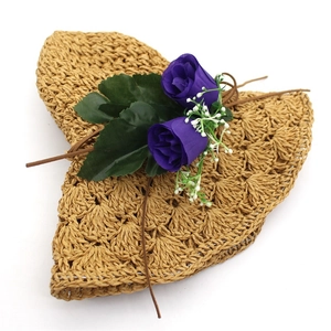 Handmade raffia wide brim sun hat for women with purple silk roses and leaf decorations