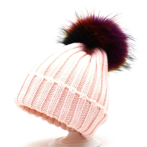 Pink rib-knit beanie hat for women and kids with a large multicolor faux fur pom-pom