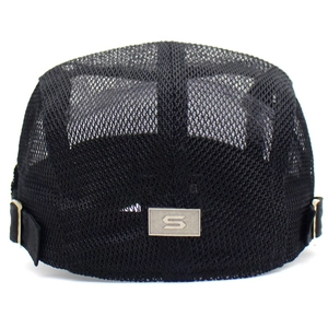Unisex black breathable mesh beret hat with adjustable side straps and S-logo metal detail