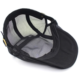 Breathable black mesh ivy cap with adjustable side buckles and stiff brim for summer outdoor wear