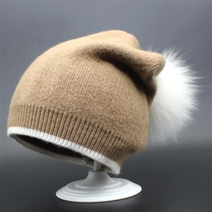 Women Winter Knit Beanie Hat With Large Faux Fur Pom-Pom Soft Faux Cashmere Warm Cuffed Skull Cap For Outdoor Daily Wear