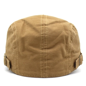 Vintage khaki cotton flat cap with contrast stitching and adjustable metal side buckles
