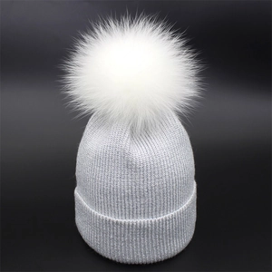 Women Winter Knitted Beanie Hat With Large Fur Pom Pom Metallic Glitter Shiny Ribbed Warm Crochet Skull Cap For Ladies