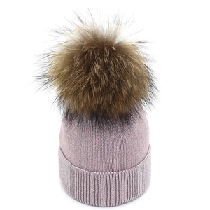 Shiny Knitted Beanie Hat With Detachable Fur Pom-Pom Fashion Warm Winter Ribbed Cuff Hat For Women