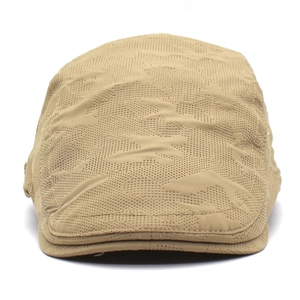 Breathable khaki flat cap for men and women with textured camo pattern and mesh fabric