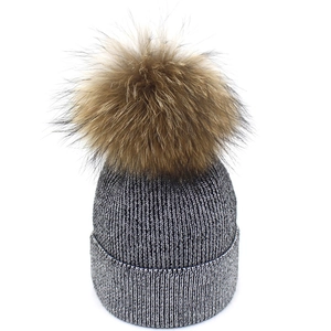Sparkling dark grey knit beanie for women with large detachable faux fur pom pom