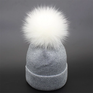 Sparkling silver knit beanie with fluffy white pom-pom for women winter fashion
