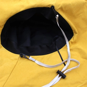 Yellow wide brim sun hat for women featuring an adjustable grey windproof chin strap