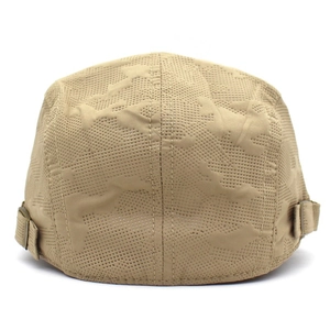 Detailed view of khaki breathable mesh flat cap with adjustable metal buckle and subtle camo