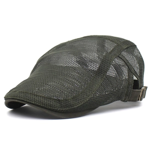 Detail view of military green mesh flat cap with breathable fabric and adjustable metal buckle