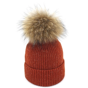 Berretto in Maglia a Costine da Donna Con Pompon in Pelliccia di Procione Caldo Cappello Invernale Alla Moda Per Esterno