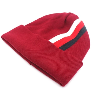 Classic dark red knit beanie featuring stylish three-color horizontal stripes on white background