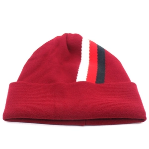 Unisex burgundy striped knit beanie hat featuring soft cashmere-like warm winter fabric