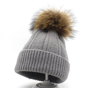 Women Wool Knitted Beanie Hat With Real Raccoon Fur Pom Pom For Autumn Winter Warm Ribbed Skull Cap