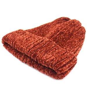 Rust-red chenille cable-knit beanie for women and kids with thick ribbed texture